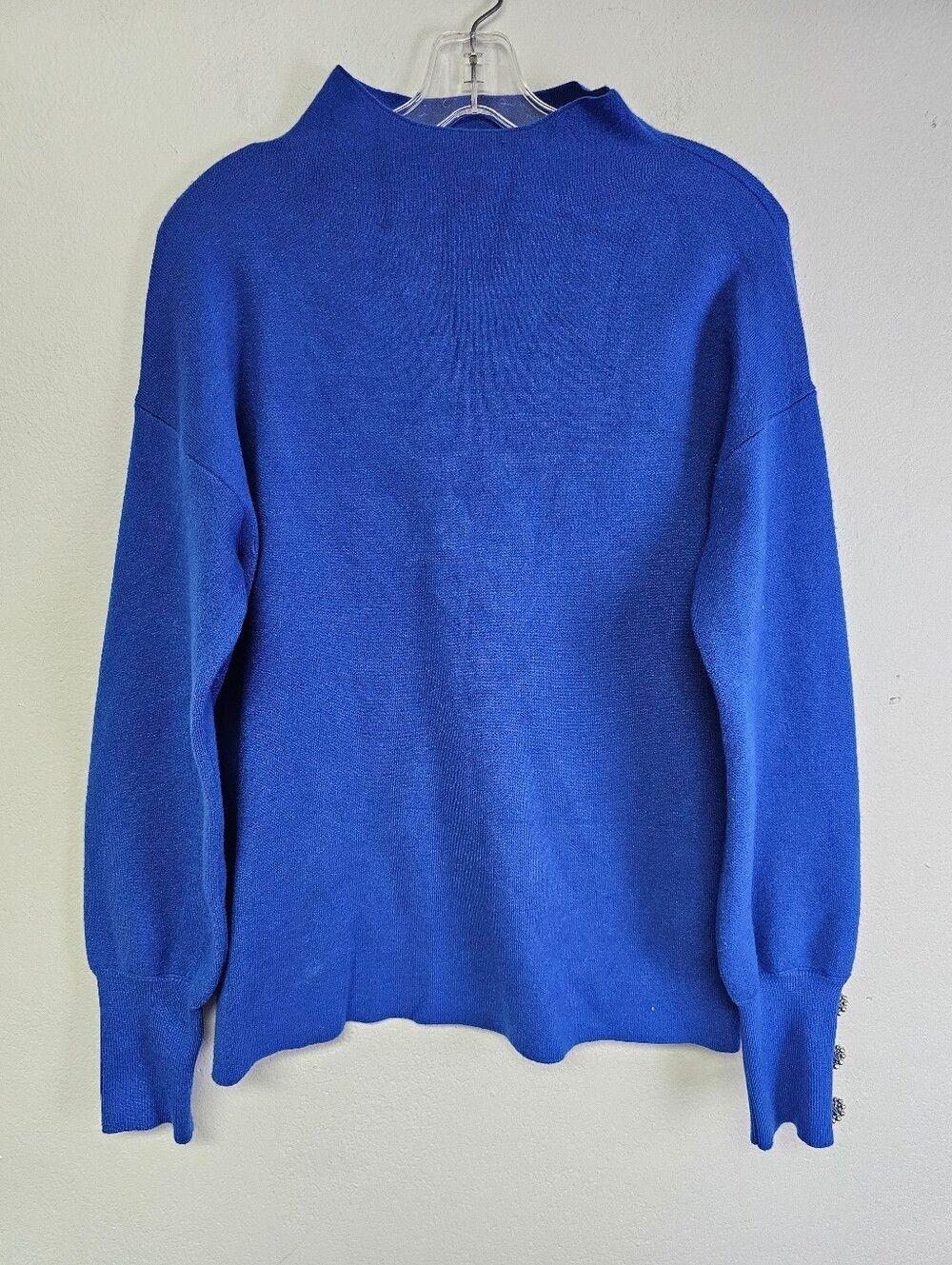 Tahari Blue Mock Neck Sweater Embellished Cuff Soft Knit Sz L Career Chic Whimsy